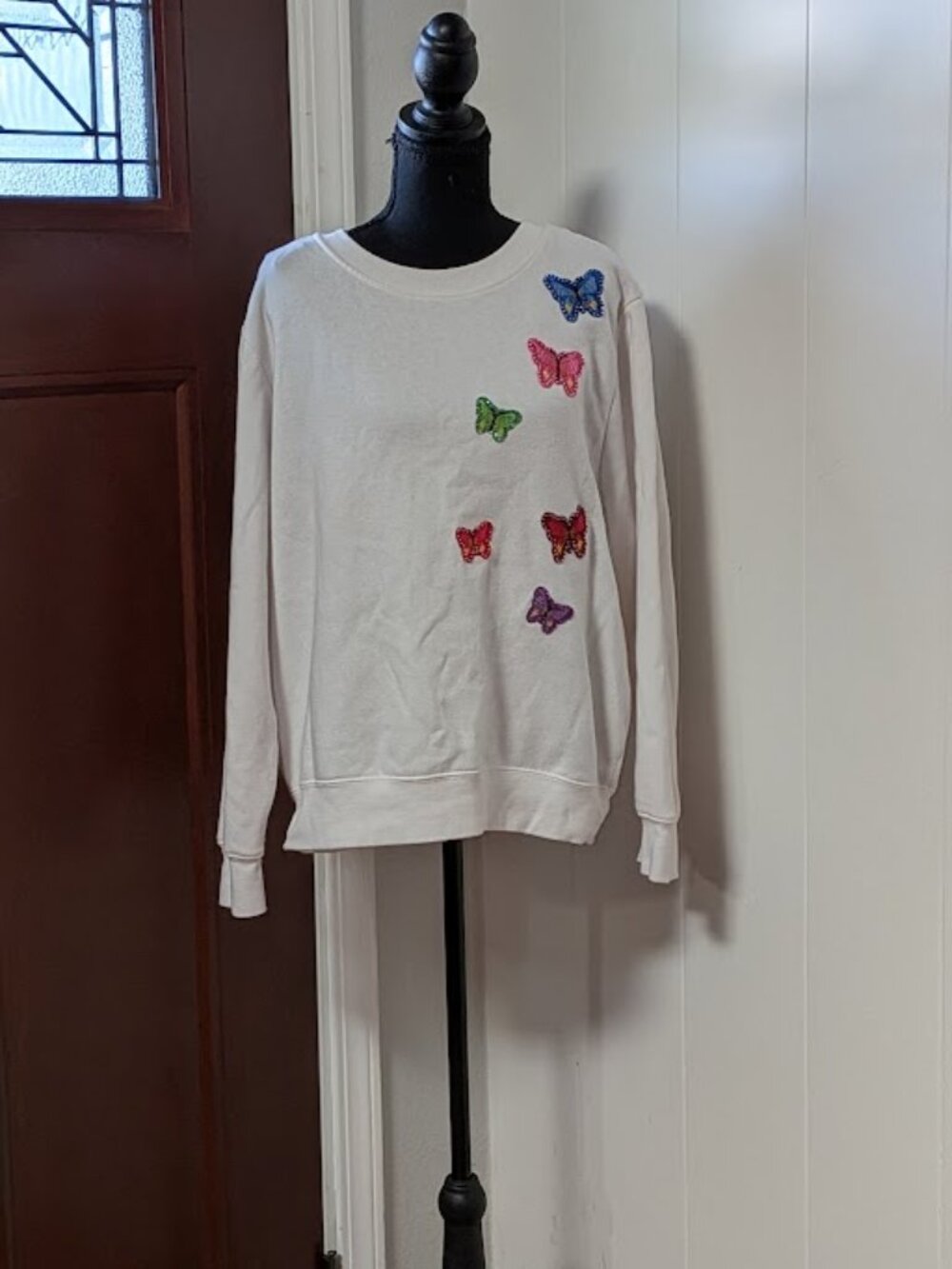 White Butterfly Embroidered Crewneck Sweater - Picture 2 of 16